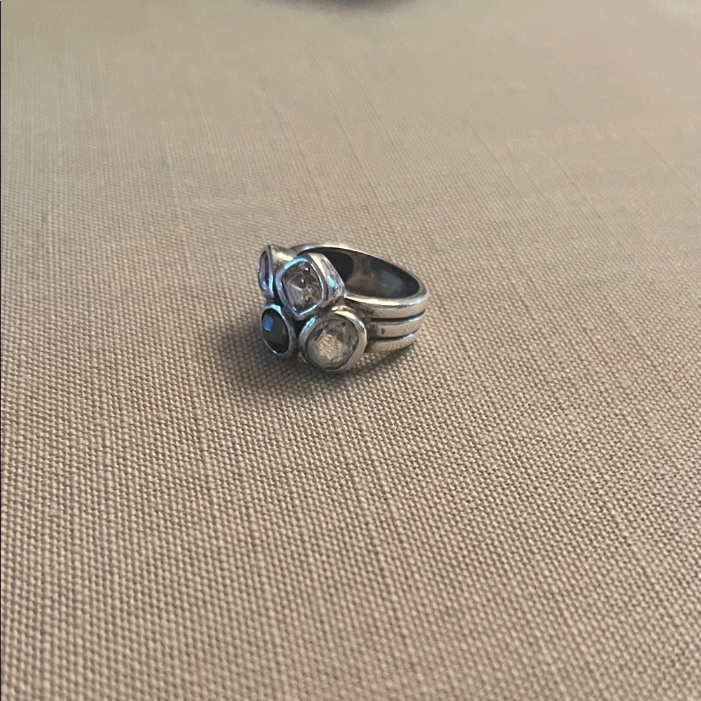 Multi-Stone Silver Cocktail Ring - Clear, Black, … - image 2
